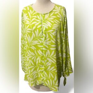 Ann Taylor Lime Green White Leaf Print Women's Long Sleeve Blouse Size XL